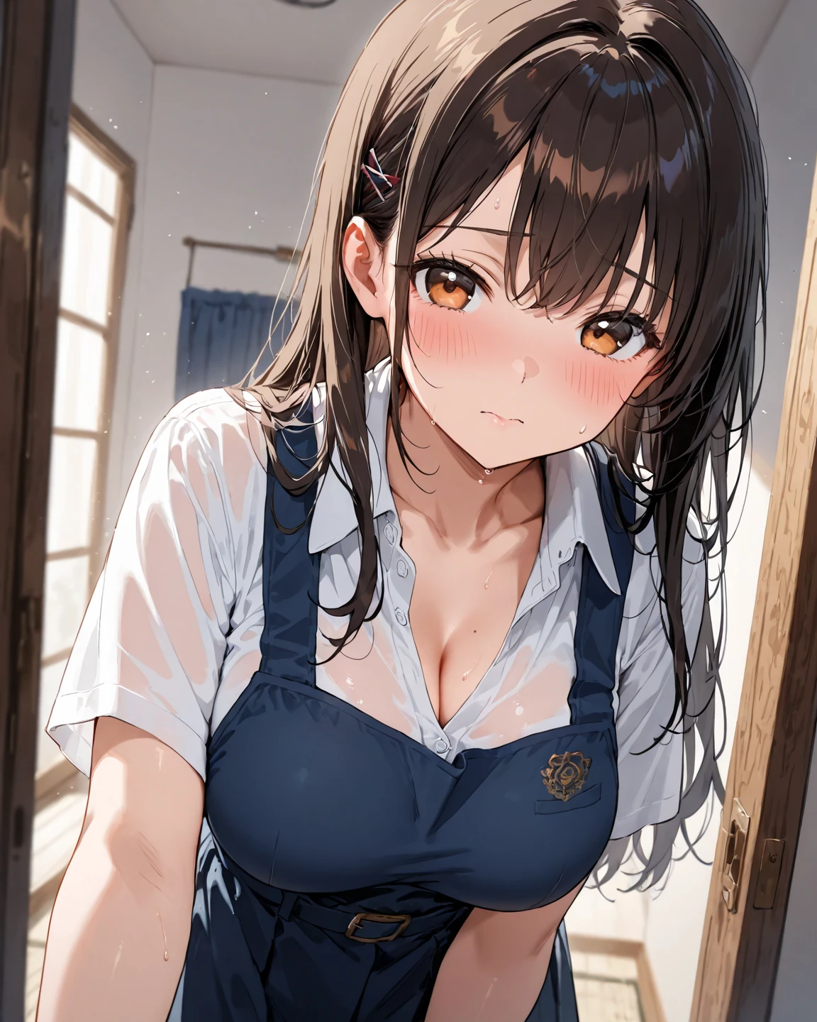 Realistic,、One wall, Wide Angle,1girl in、Black ponytail, Shy, embarrassed, blushed, Wide Angle, POV, From above, (Medium breasts and beautiful nipples), llight rays, Glow, (masutepiece), 18year old、face to the viewer、Bring your chest together、Focus on the chest、School Uniforms