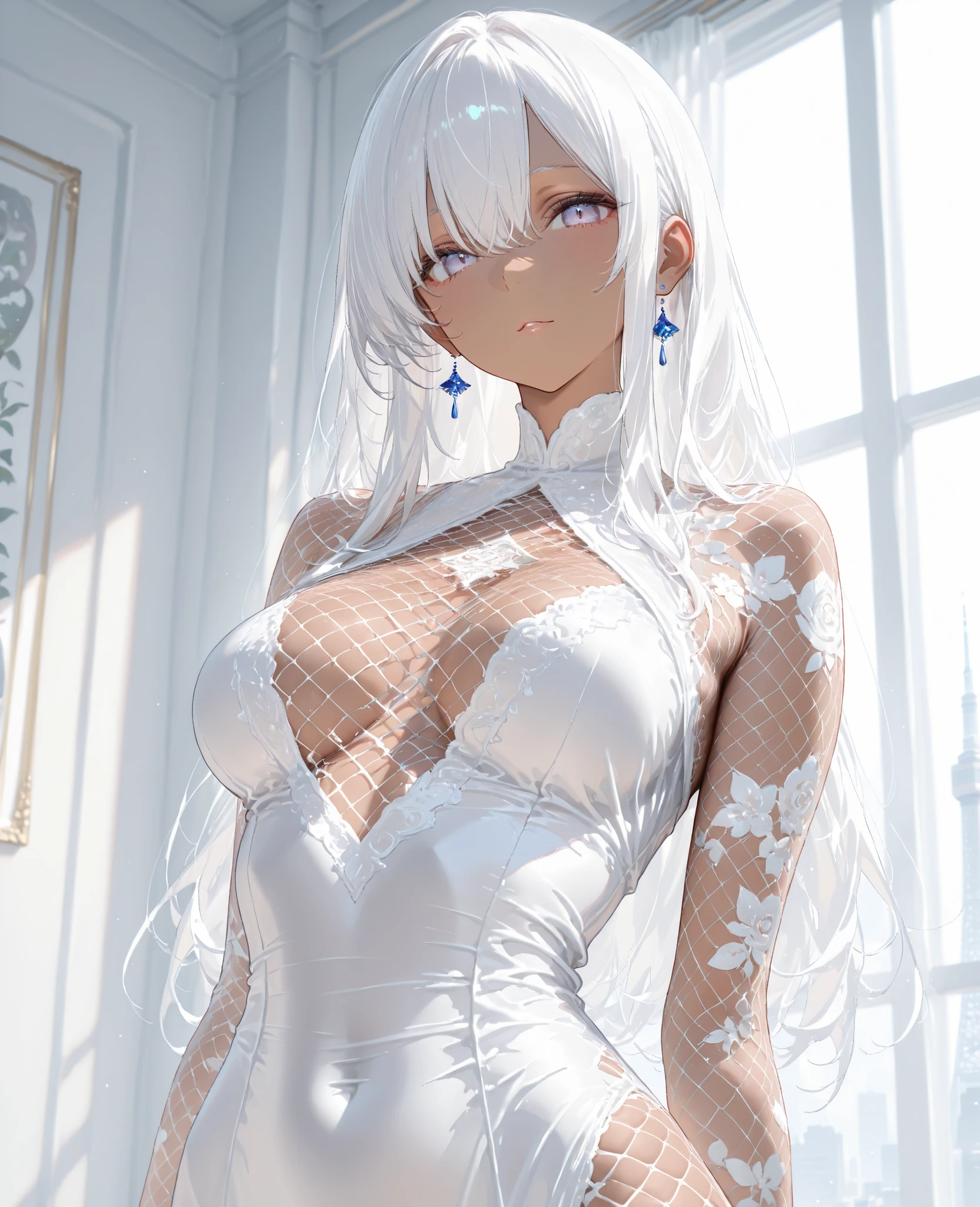 ((((masterpiece, best quality, high resolution)))), (1girl:1.5), ((long silky hair, silver hair, yellow eyes, earrings, choker)), (medium breasts:1.2), blush, light smile, parted lips, glow, thighs, bare shoulders, collarbone, narrow waist, (slender body figure), cleavage, (beautiful detailed face, beautiful detailed eyes), ((white dress, thin material)), ((standing up)), looking at viewer, nighttime,