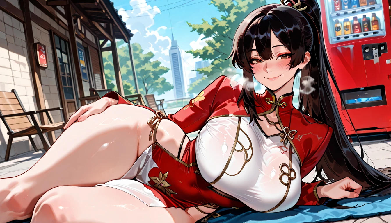 A woman wearing Chinese clothes, in a Chinese landscape, big breasts, black hair, red eyes, smiling.

