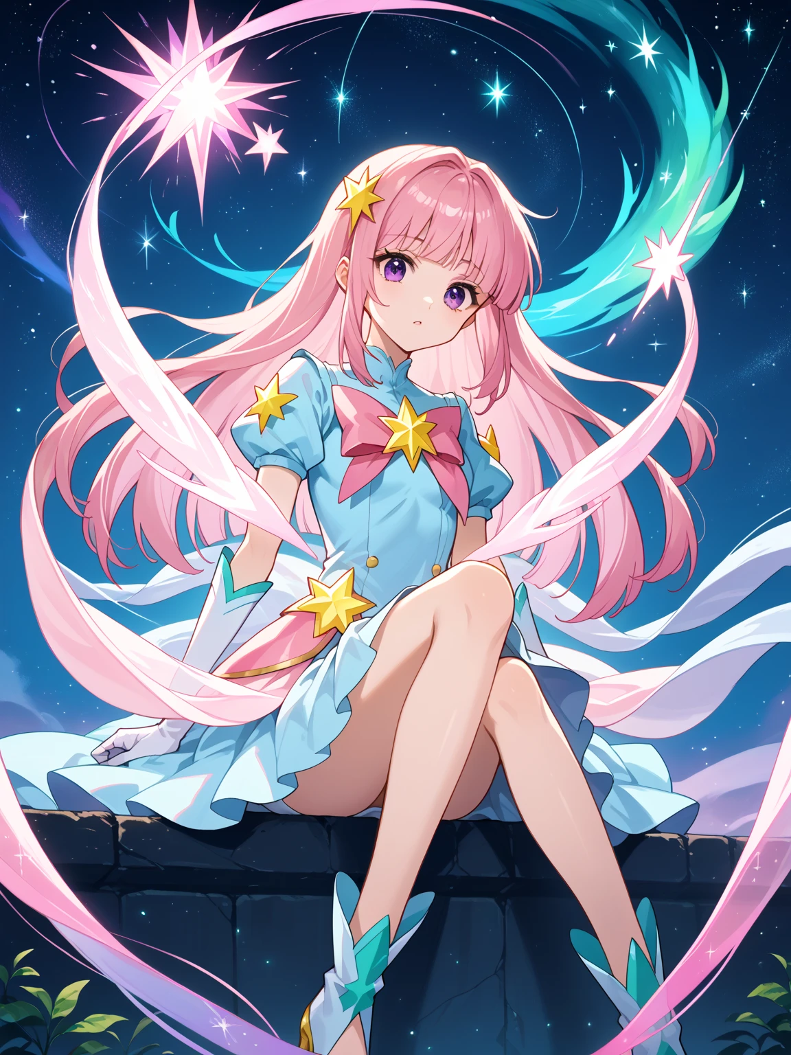 score_9, score_8_up, score_7_up,source_anime,
magical girl, sitting with legs dangling over edge, relaxed expression, long pink hair with silver strands, light blue dress with intricate designs, radiant energy, twilight sky, starry sky with shooting stars, soft moonlight, perfect body proportions,  vibrant colors
