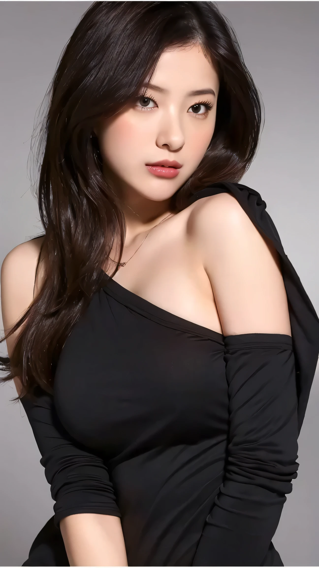 A slender woman, red glossy lips,(Extremely detailed beautiful face)), (best quality), (Super detailed), (Extremely detailed CG unified 8k wallpaper),original photo, Model photo, (standing), (pure white background:1.5),Show forehead,(cleavage),(Warm light source),(big eyes),(boobgasm),(Photos above the thighs:0.5),(average light source),black shorts,black hair