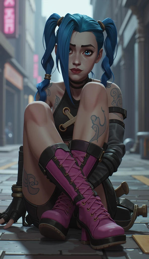 ((Jinx wears a Harajuku Tech costume), tousled hair, ( atmosphere:1.2), sitting, spread legs