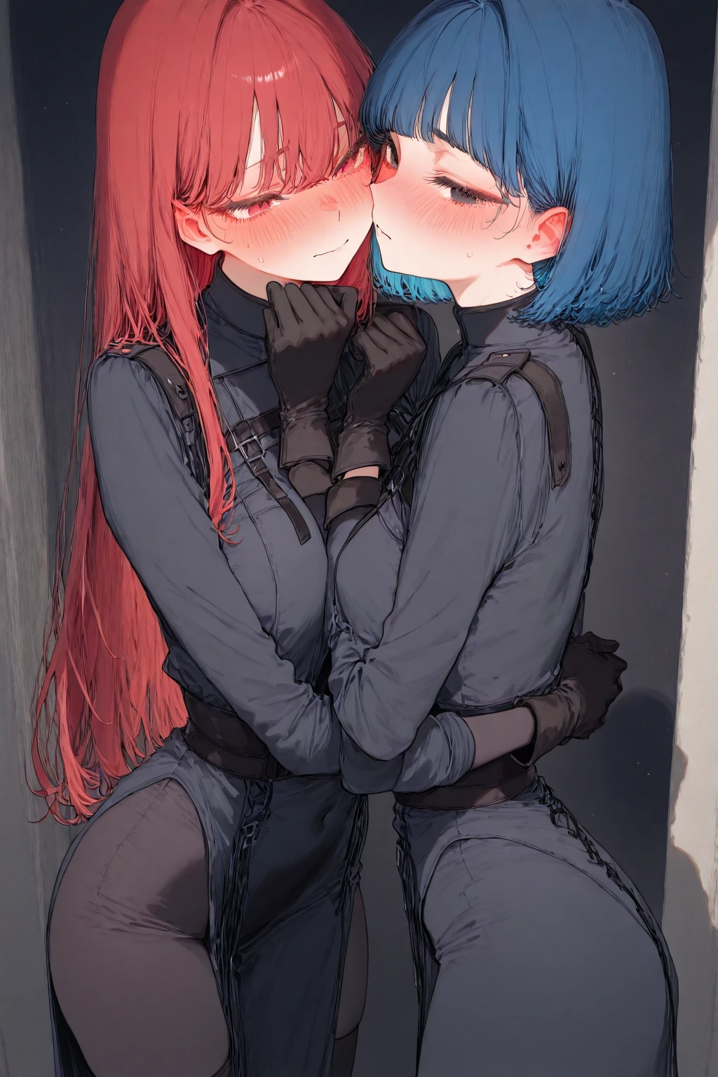 (Multiple girls, 2 Girls, Bind BDSM, gag, Breast compressions, kiss, symmetrical docking) (digital) (On detailed dirt roads(Short jumpsuit)) , best quality, 双重gag,