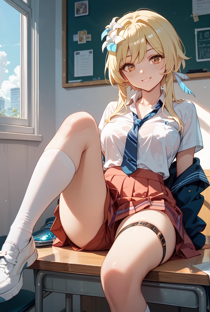 modest, Shy, Infinitely cute and beautiful, Athletic figure, Cheer up the sport girl 17 years old; blond with short hair, Small, neat elastic breasts; There is muscle relief; Big blue eyes, Long eyelashes, Blush slightly, Focused facial expressions; High school uniform (white  shirt, Black skirt, pantyhouse, tie, shoes); Sitting at your desk, School Classroom, Many other girls, lesson, Soft light;  Short-range, full-length photography; Anatomical realism, The is very detailed, High quality textures
