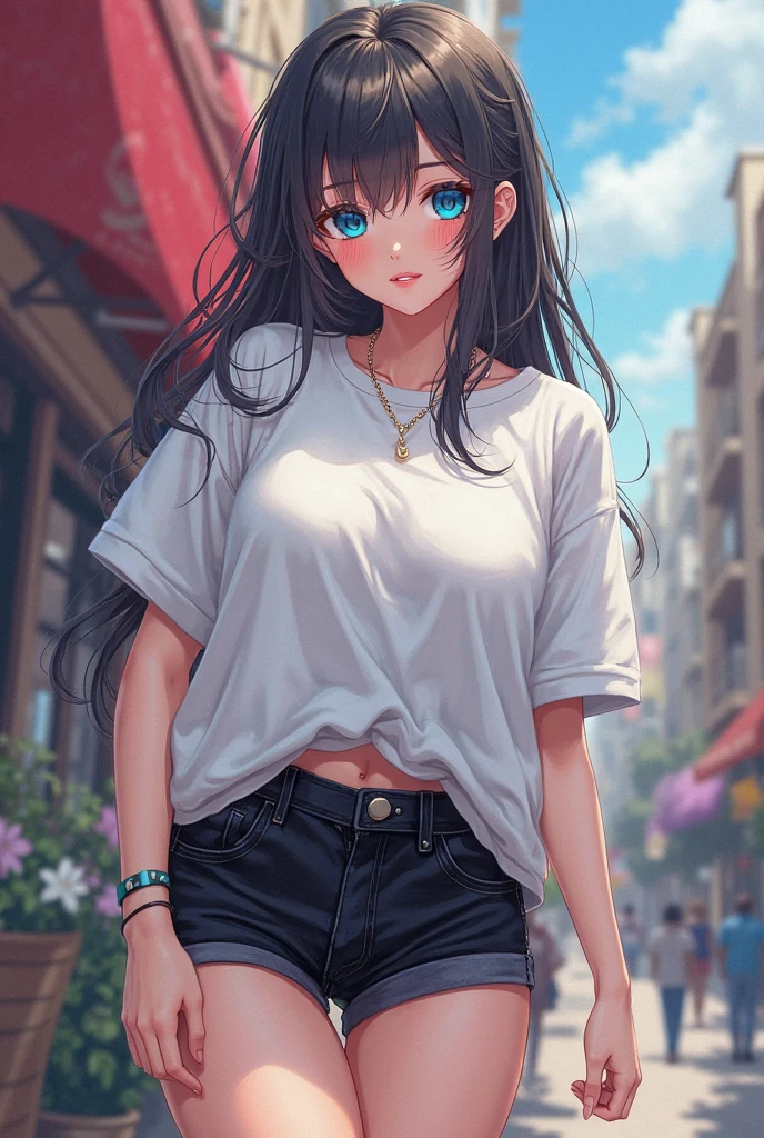 Superior quality, Masterpiece, ultra high definition, (real: 1.4), Photo original, (street at night), 1 girl, black eyes, looking at the audience, wide, light makeup, lips, Small ears, White T-shirt, denim shorts, earrings, sitting ferrari,, Delgado, Clean, park