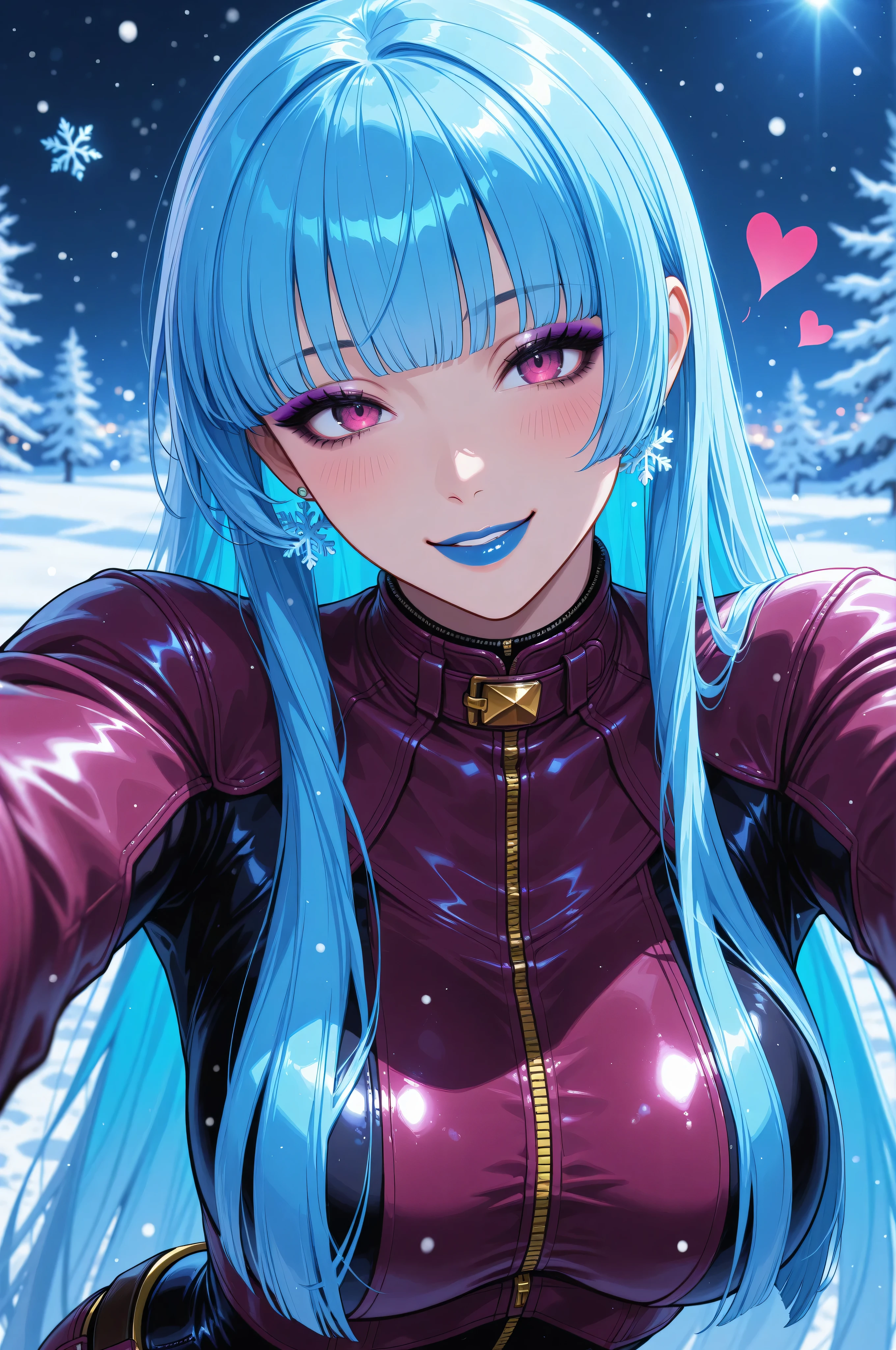 masterpiece, best quality, absurdres, newest, very aesthetic, amazing quality,highres, solo, Kula Diamond \(king of fighters\), blue hair, hime cut, purple eyes, gloves, (1girl), (detailed face:1.2), (detailed eyes:1.3), black eyeliner,purple eyeshadow, blue lipstick, blush, flirting, snowflake, high resolution, 8k wallpaper, Distinct, magical atmosphere, beautiful background, high quality, snowy background