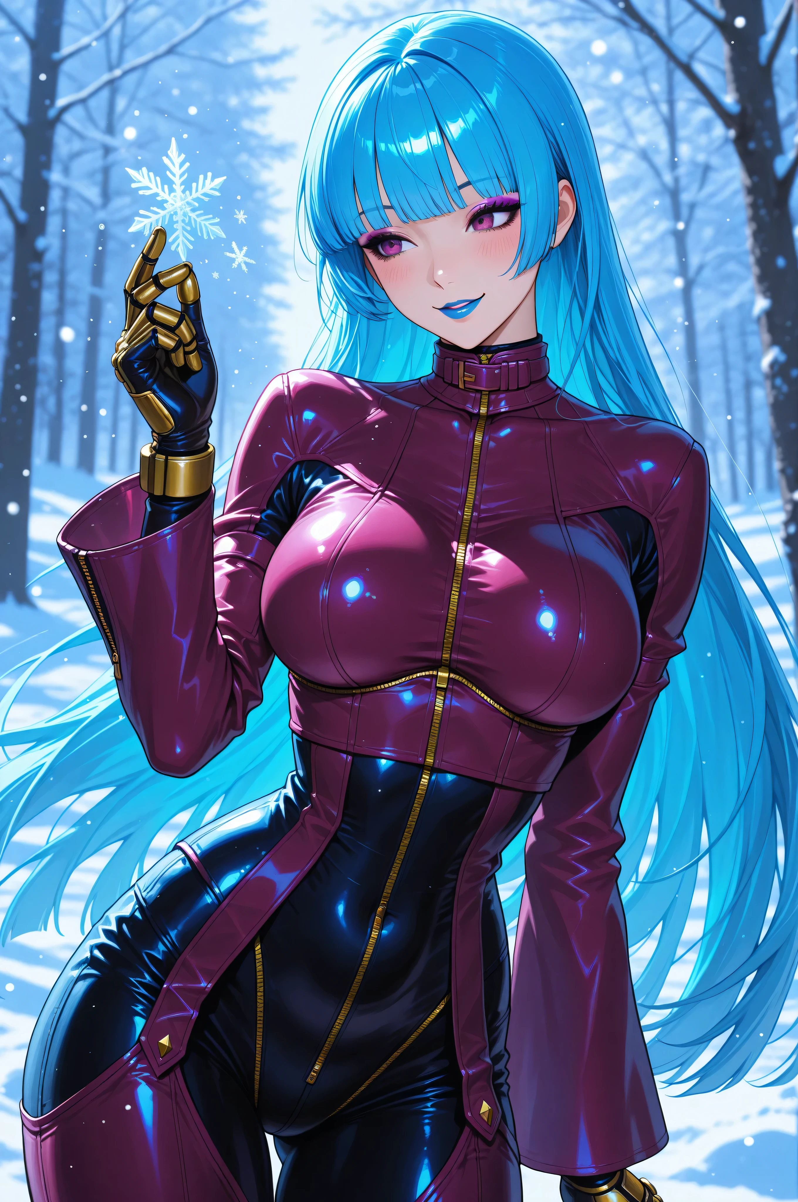 masterpiece, best quality, absurdres, newest, very aesthetic, amazing quality,highres, solo, Kula Diamond \(king of fighters\), blue hair, hime cut, purple eyes, gloves, (1girl), (detailed face:1.2), (detailed eyes:1.3), black eyeliner,purple eyeshadow, blue lipstick, blush, flirting, snowflake, high resolution, 8k wallpaper, Distinct, magical atmosphere, beautiful background, high quality, snowy background