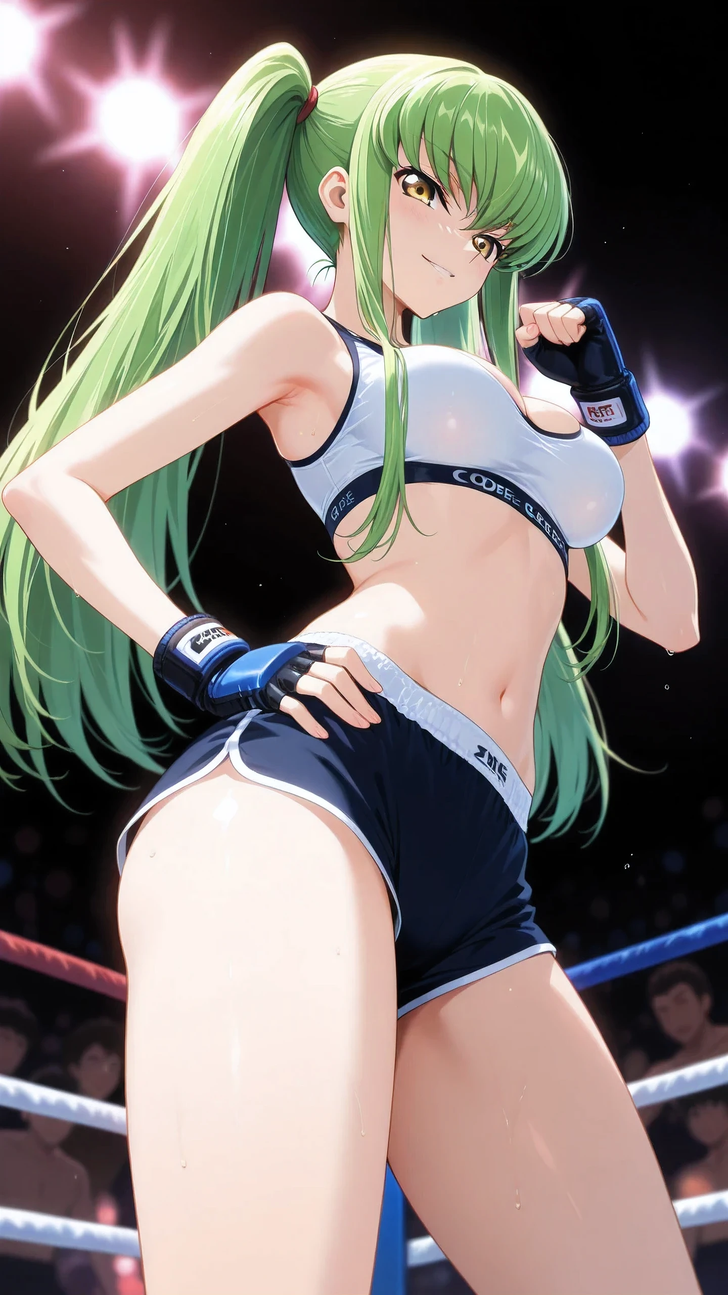 C.C., Code Geass, gold eyes, twintail hair, solo, Detailed eyes, white sports bra, black boy leg underwear, black fingerless gloves, thigh, cleavage, medium breast, smirk, looking down at viewer, Detailed eyes, Detailed face, medium shot, hand on hip, arm up, face focus, from below, from side.
indoor boxing ring, spectator seats, spot lights, depth of field, artistic lighting, professional lighting, best quality, masterpiece.