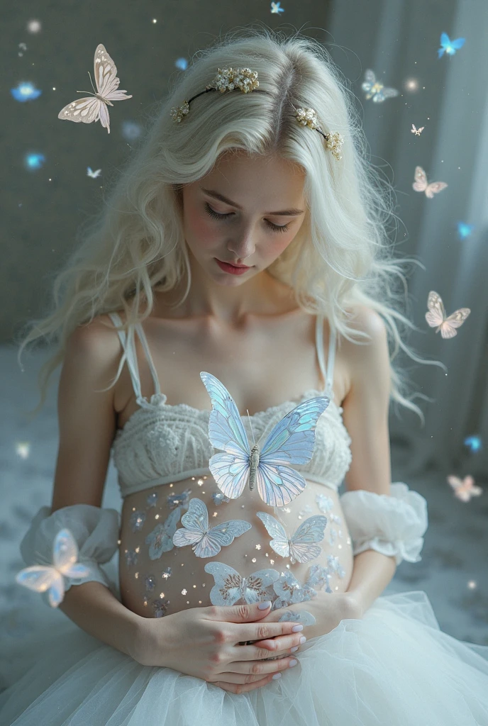 8k, masterpiece, very realistic, Full body (Sexy pregnant fairy 1.2), very slim waist, slim thighs, elaborate detailed light blue detailed embroidered formal full body dress, transparent blue fairy wings, long straight flowing wavy blonde hair, elaborate detailed patterned white stockings, medium breasts, pregnant, (curved back 1.2), silver tiara with light blue gems,