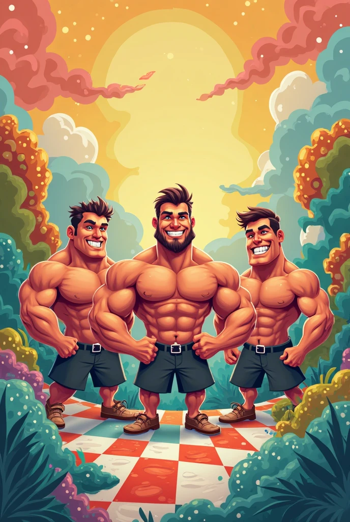 make poster with 16 student have a big musle and 2 skinny boy and 1 fat boy