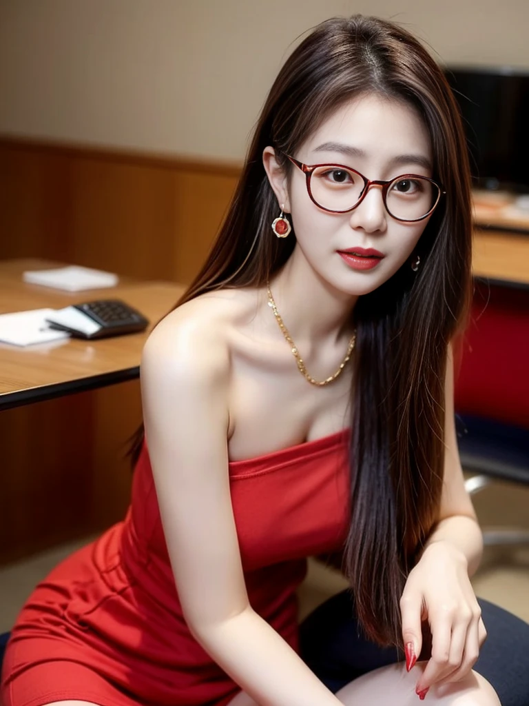 Beautiful young Margaret Qualley, 14 years old, light skin tone, eyeglasses, large ankle earrings, tiny dress, dark high waisted tights, high balance, midnight moon, dark night, total darkness, hyperrealistic, model body , small breasts, beautiful breasts, long hair, straight hair, red-tipped hair, long legs, 8k, 超High resolution, best quality, classroom, Korean school, Portrait RAW, cherry blossom, ambient lighting, detailed shadows, camera focus on thighs, sexy pose, sitting on school chair, holding flashlight legs apart
