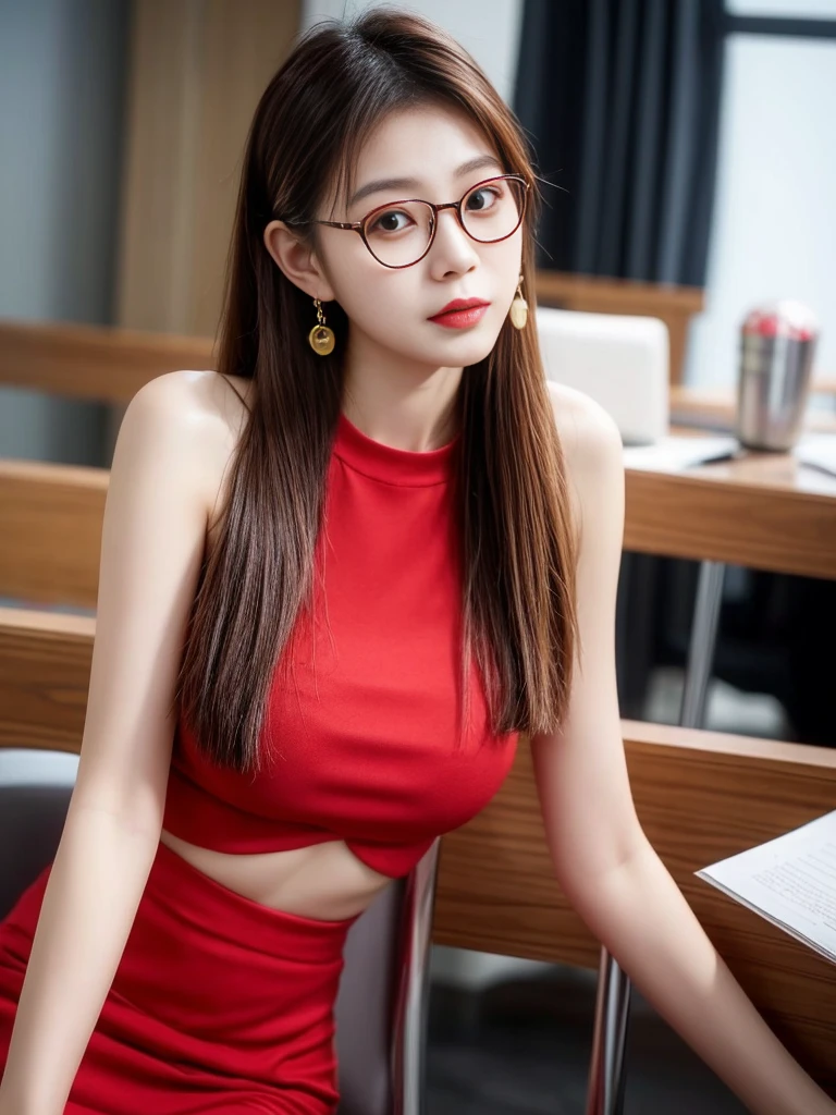 Masterpiece, best quality,16k, photography,1girl, glasses, ???? red outfit,in library,book shelves,smirk, ????,from above, looking at viewer, upper body, cowboy shot