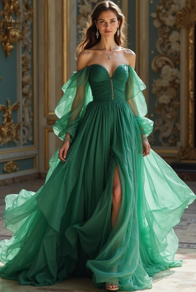 create a dress for my graduation, Unripe, far away, flowy, with bare back, leg slit, no cleavage, greek goddess style, warrioress, with glitter details, with sleeves that don't stay on the arms, but come off the shoulders and go down to the floor