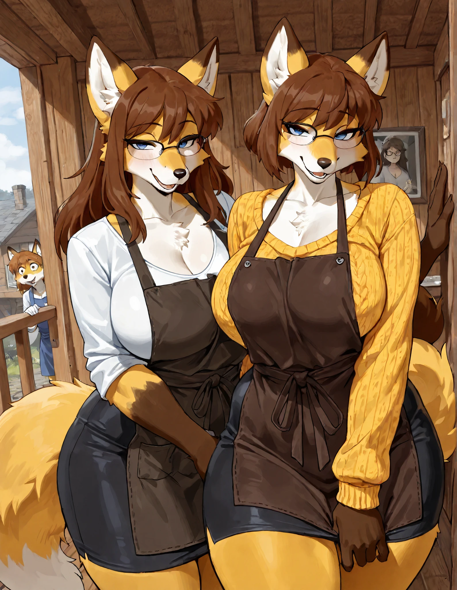 6girls, wolf and fox and tanuki and jackal and coyote and dog, furry, bodyfur, tail, collar, topless, jeans, long pants, glove, boots, chibi, sparkling eyes, farm, sbg, breast grab, breast lift, nipple