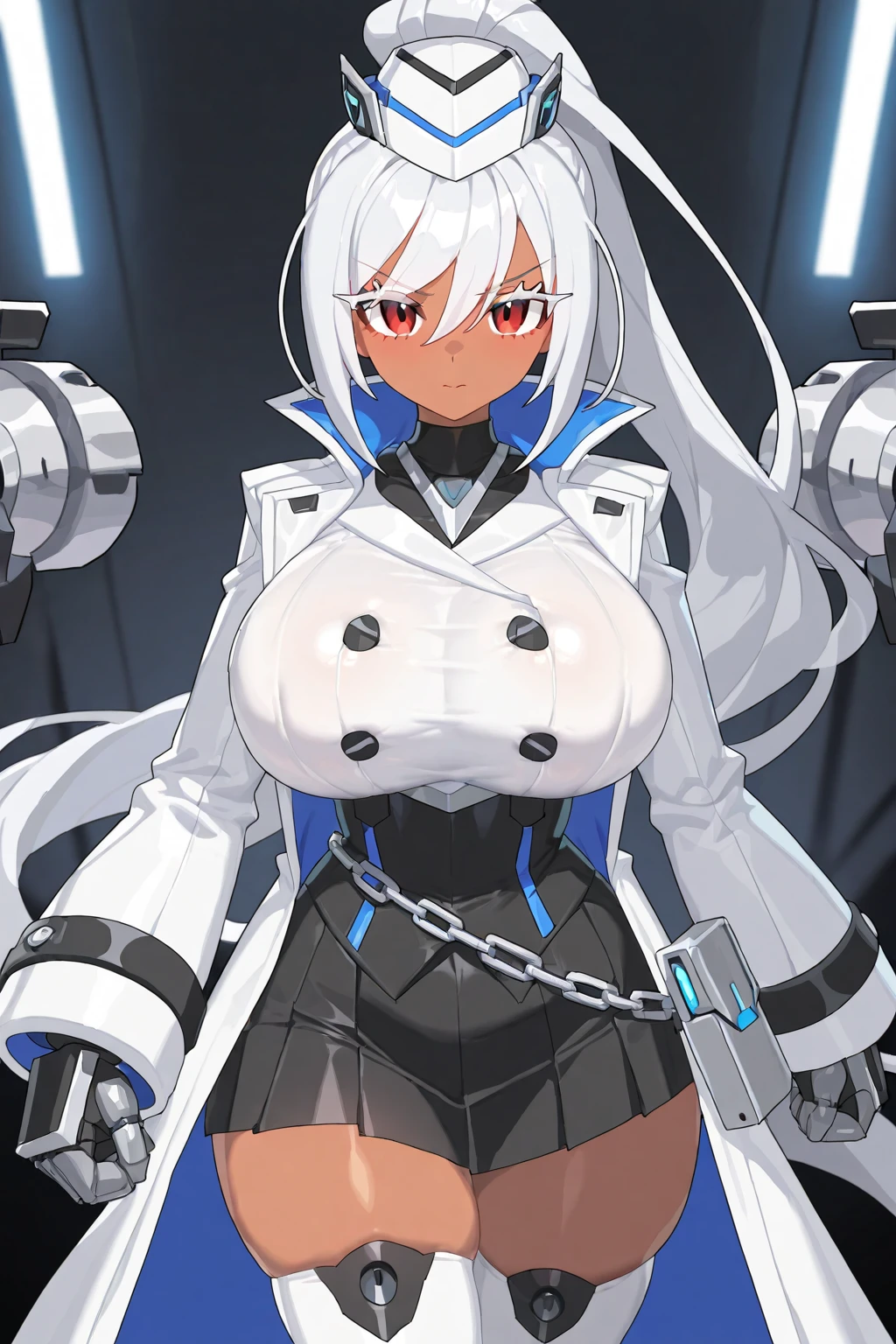 1girl, dark skin, dark-skinned female, police uniform, police, white hair, long hair, blue eyes, police hat, huge breasts, wide hips, thick thighs, policewoman, futuristic, neon trim, science-fiction, machinery, tech, blue trim, glowing eyes, toned female, toned, cute face, mature female, neon, one-piece swimsuit, competition swimsuit, medal, black swimsuit, badge, police badge