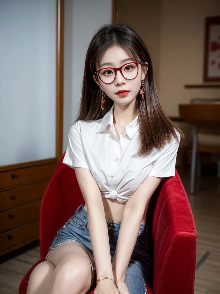 (Best quality, masterpiece, detailed), (RAW, 4k, hd images), shy, 1 girl, 17 years old, white skin, long hair, ponytail, layers hair, bangs, black hair, beautiful girl, cute girl, sweet girl, pretty girl, perfect girl, perfect body, pretty eyes, blue eyes, thin lips, (eye line, lip stick soft), perfect , glasses(detailed frame), indoors, smile, thigh, legs, long legs, white tshirt, blue short pants, lying on the bed, white wall background, pose like a model, full body, cenimatic light