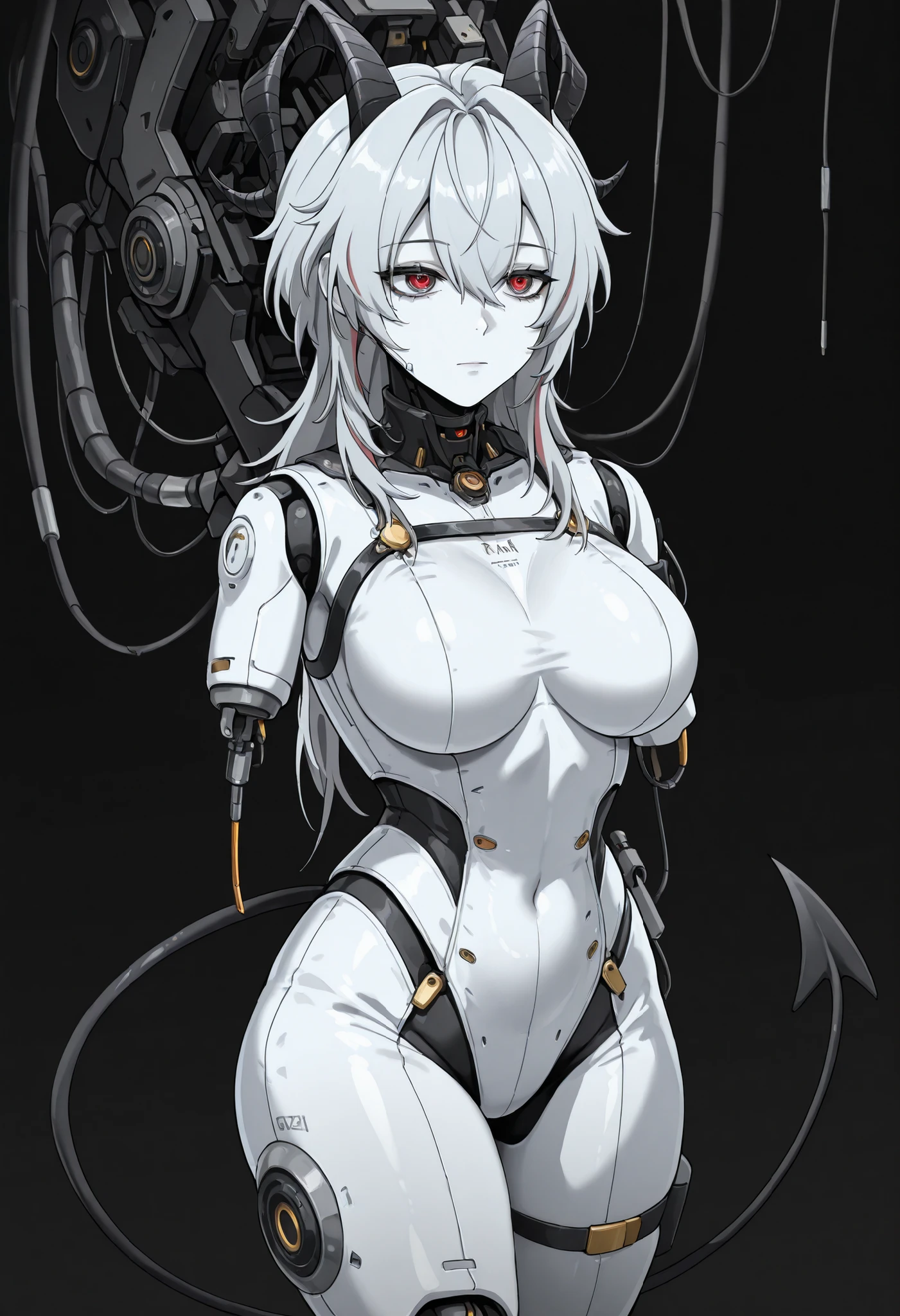 1girl, solo, grey hair, long hair, twintails hair, android, cable, Machinery Parts, white skin, white bodysuit, Adjutant, robot, front shots, thighs, amputee arms, amputee legs, z4ni, demon tail, long hair, multicolored hair, grey hair, hair between eyes, goat horns, demon horns, red eyes, large breasts,