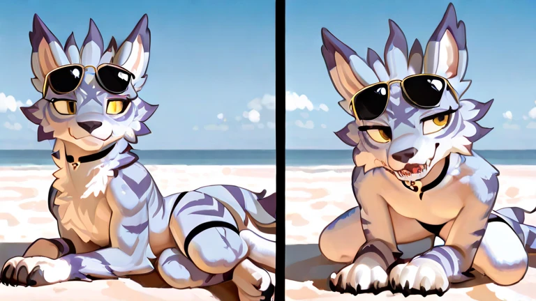 Score_9, score_8, score_7, kemono style, a cute gray anthro shark girl, animal ears, closed eyes, short white hair, Grey body, naked, at the beach, pov, pov blowjob, she is sucking viewers cock,