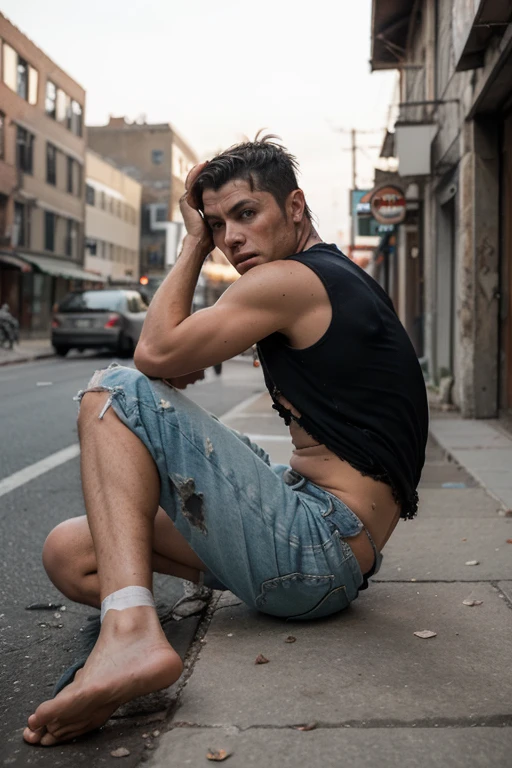 A 13-year-old male adolescent, shaved hair at 3, with gray eyes, bare chest, with a single tattoo that resembles a hurricane on his left chest, short and black pants, and on top of a 2-story building.