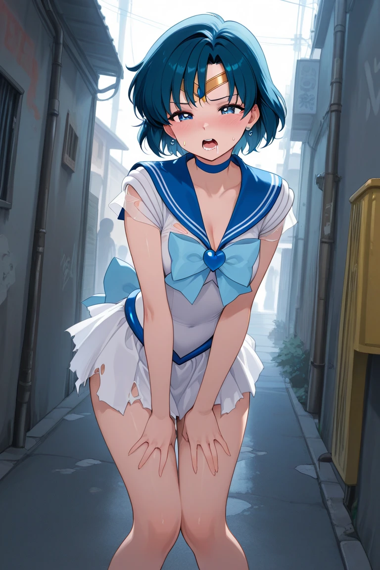 (masterpiece), (Highest quality), anime, Cinematic Light, Mizuno Ami, Sailor Mercury, stand, coastal, Perfect body, Blue Hair, uniform,anime風,Panty shot,Dynamic Movement,