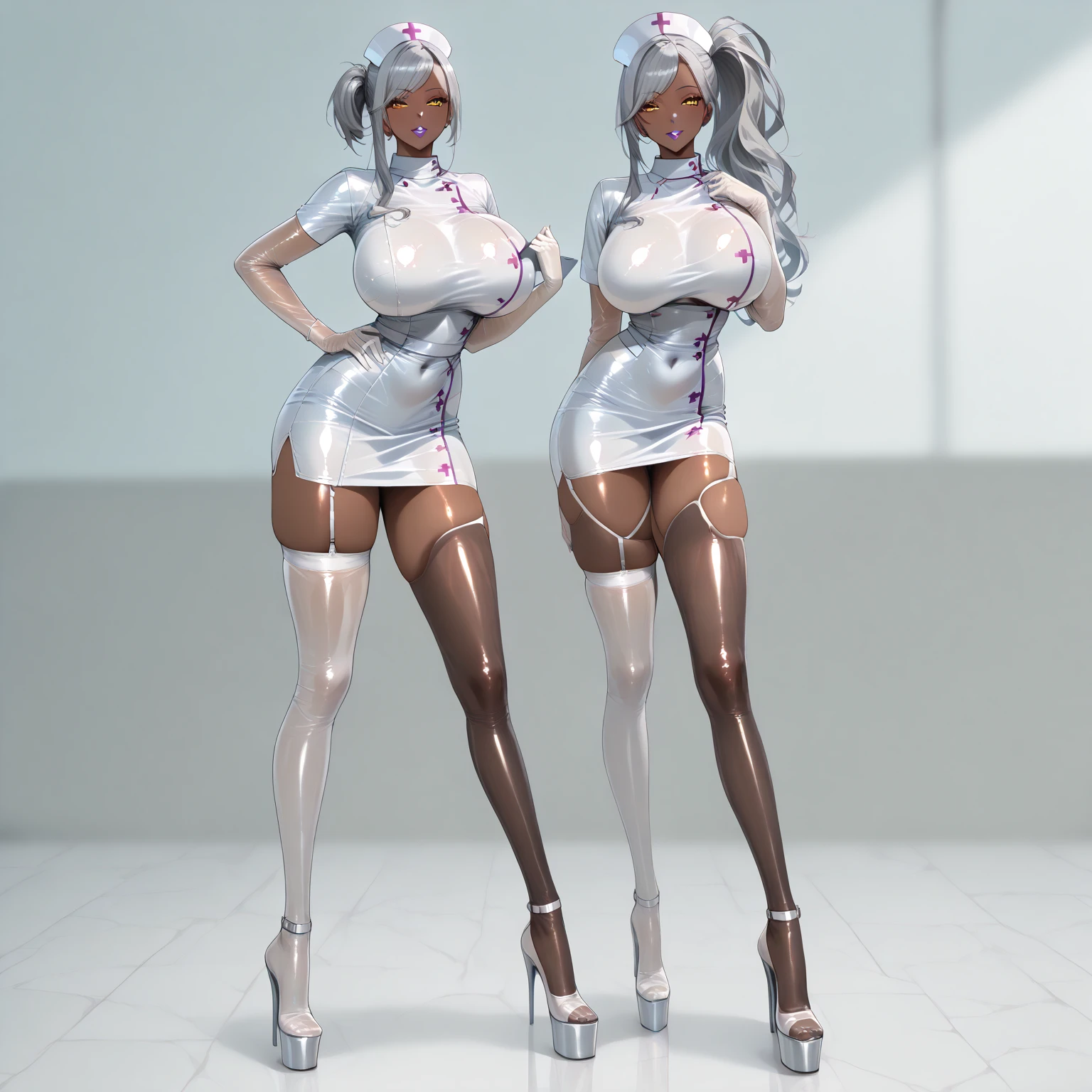 Anime girl with white hair and rabbit ears,red color eyes,Shy blush,National Wind Mech,cyber punk perssonage, ((deep cleavage 1.8, oily skin, oily body, huge perky breasts, curvy, hands on waist, ))(erotic smile)) cameltoe 1.8, ((kissing each other, touching eachother))