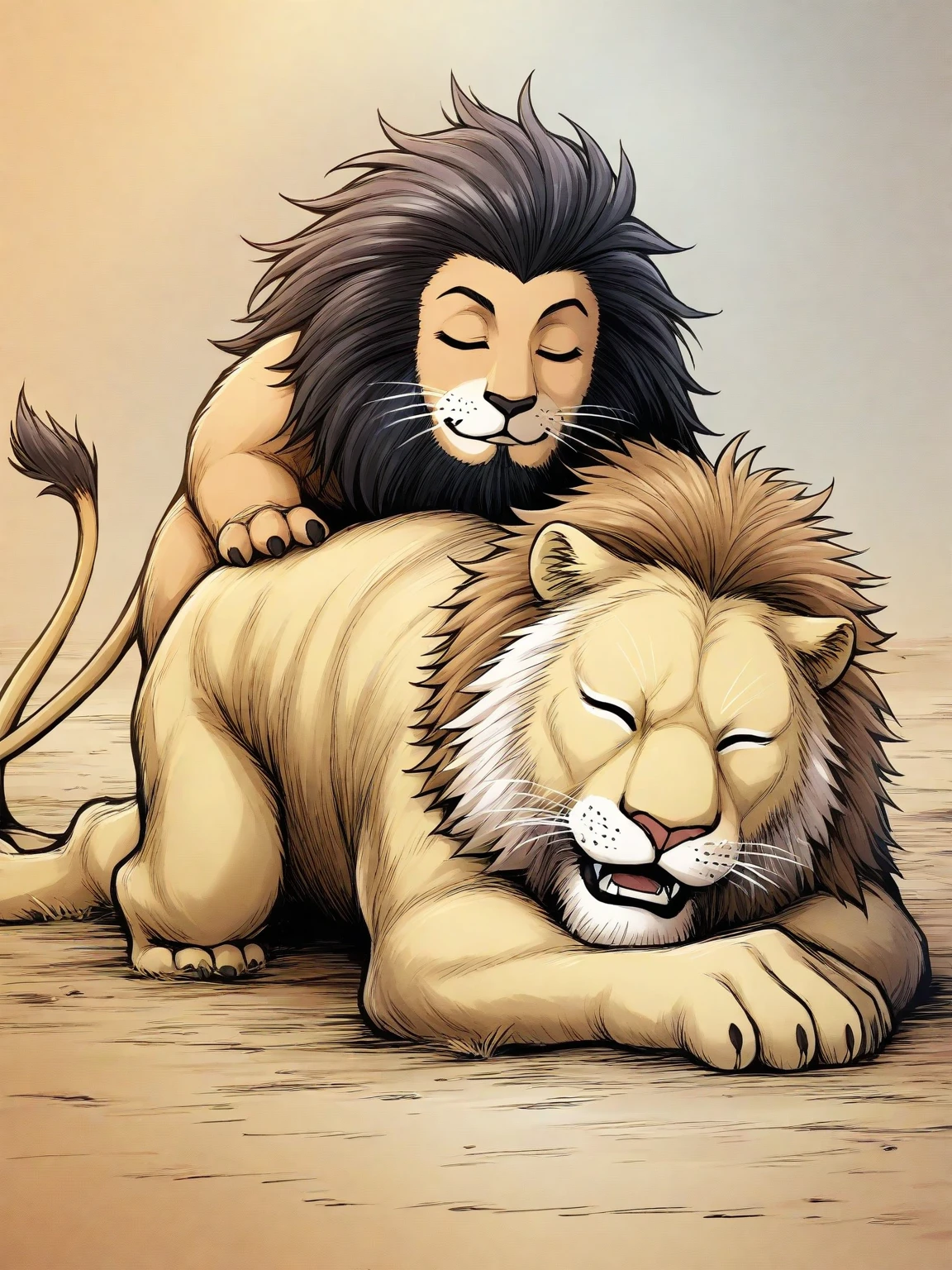 Lion, eyes locked, head down