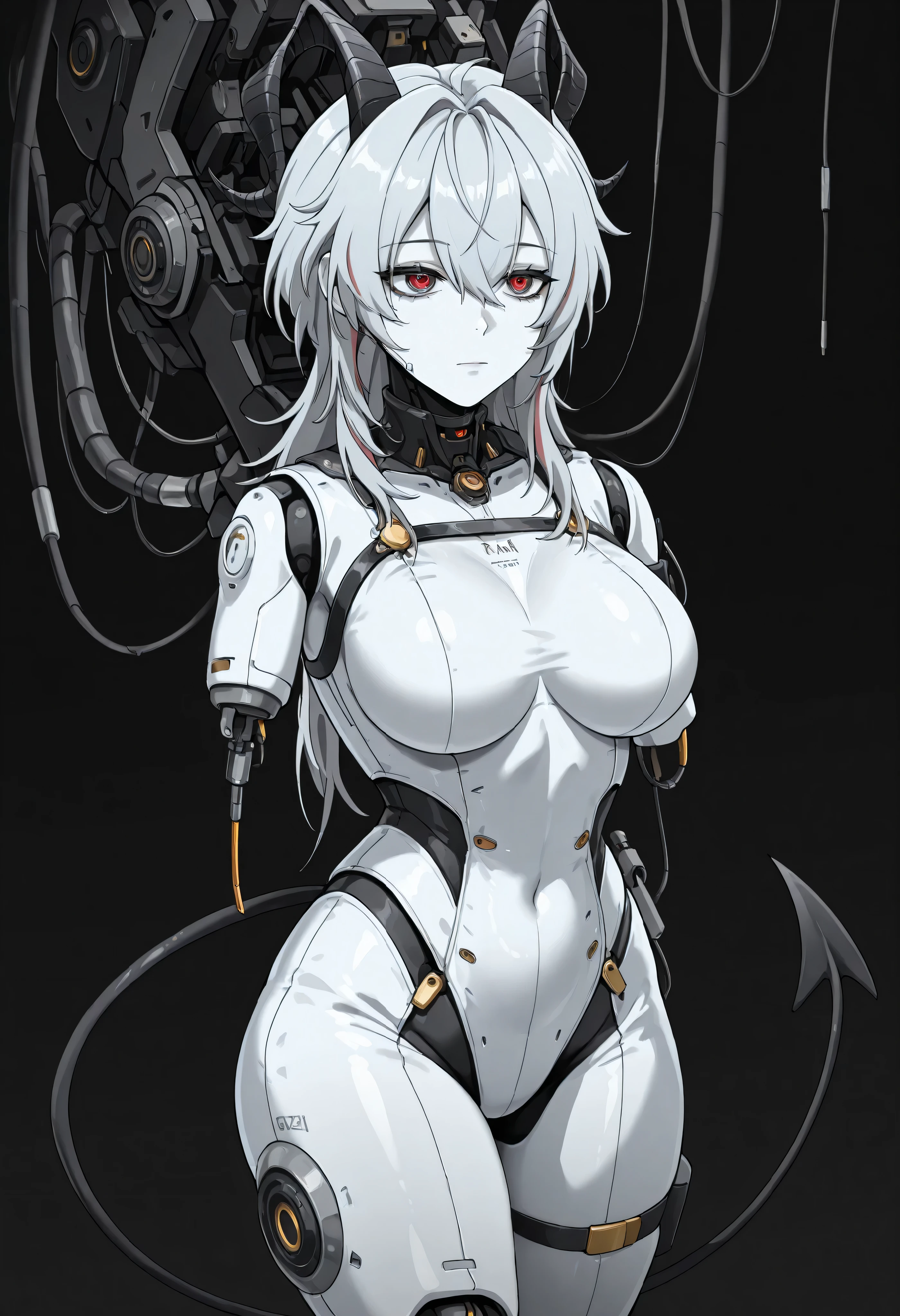 1girl, solo, grey hair, long hair, twintails hair, android, cable, Machinery Parts, white skin, white bodysuit, Adjutant, robot, front shots, thighs, amputee arms, amputee legs, z4ni, demon tail, long hair, multicolored hair, grey hair, hair between eyes, goat horns, demon horns, red eyes, large breasts,