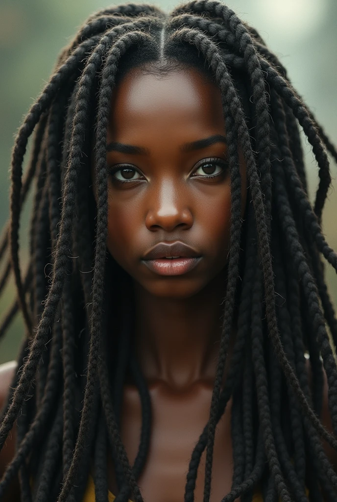 cute, Dark skin, teenager, beautiful face, deep ebony, showing breasts, braided dreadlocks , SFW
