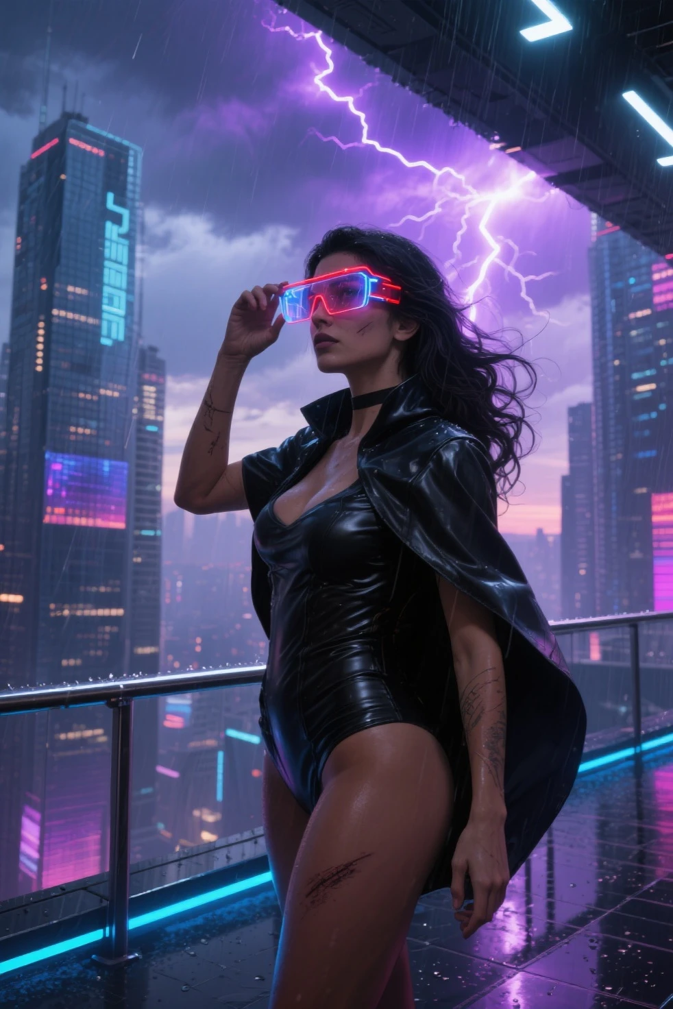 A futuristic cityscapes with colorful all-glass giant towering skyscrapers. High-resolution OLED GUI interfaces in the building, The windows are filled with transparent data visualization infographics that show it all, from weather patterns to traffic flow, Matrix cascading code. Colors are saturated and vibrant. At night, (1 female modern conjurer, solo), photo realistic, medium-breast:1.3 slim body, cleavage, sling top, miniskirt, (matrix style black sunglasses, magic power, mysterial sign, lightning), half-body thigh level medium shot, cinematic lighting, ray tracing.