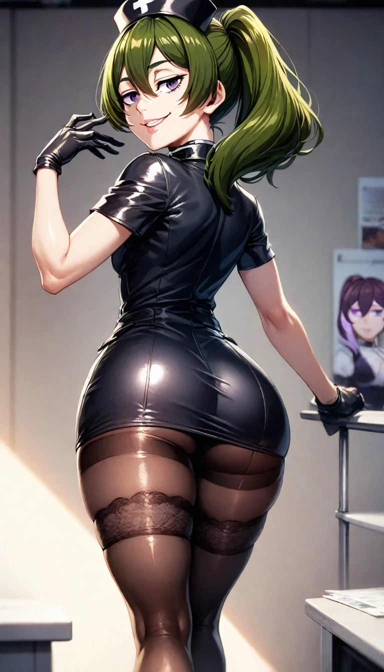 score_9, score_8_up, score_7_up, 8k, high quality, high quality detailed, BREAK source_anime, rating_explicit, (very aesthetic), perfect anatomy, spread legs, perfect human legs, BREAK cowboy shot, (wide-angle photo:1.3), dutch angle, dynamic erotic pose, naughty pose, spread legs, (((from behind))), (((doggy style))), BREAK masterpiece, 1girl, solo, looking at viewer, high detailed pussy in one frame, hand grabbing own pussy, shaved, gaping pussy, (spread pussy:1.4), big clitoris, urethra, ass, anus, BREAK score_9, score_8_up, score_7_up, score_9, source_anime, BREAK MakizeninSDXL, long hair, medium breasts, bangs, skirt, green hair, golden eyes, long sleeves, closed mouth, , jacket, short ponytail, glasses, black jacket, hand on hip, high ponytail,red-framed eyewear, over shoulder, black pantyhose, BREAK large breast, natural makeup, lips, blush, indoors, bed, bed room, on side, night, BREAK zPDXL