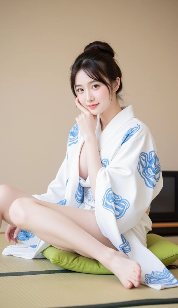 FS, Beautiful bedroom interior, Bed, beautiful russian geisha, (open yukata kimono to nipple tip: 0.7), sfw, take off clothes, (nipple tip), UHD, 32k, reality, photo, real, albino, bright blue eyes  , blue earrings, jewelry, pearl necklace, collar, seductive smile, extremely beautiful eyes, delicate perfect face, perfect hand, maximum precision, precise perfect human body structure, appeal to the audience, skin moisturizing, dynamic angle