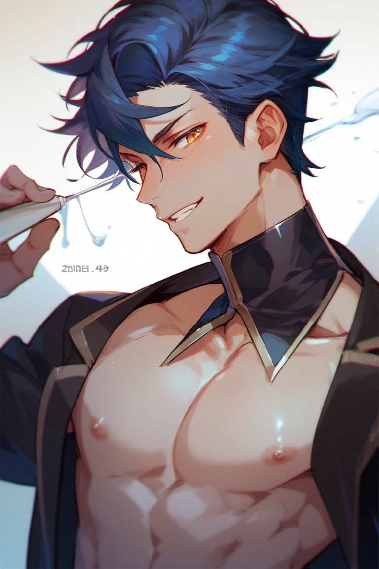 (Personagem scaramouhe/genshin impact game wanderer) Indigo Hair, shirtless with defined abs, face detailed, masturbating his erect penis, thick and big and ejaculating his cum 