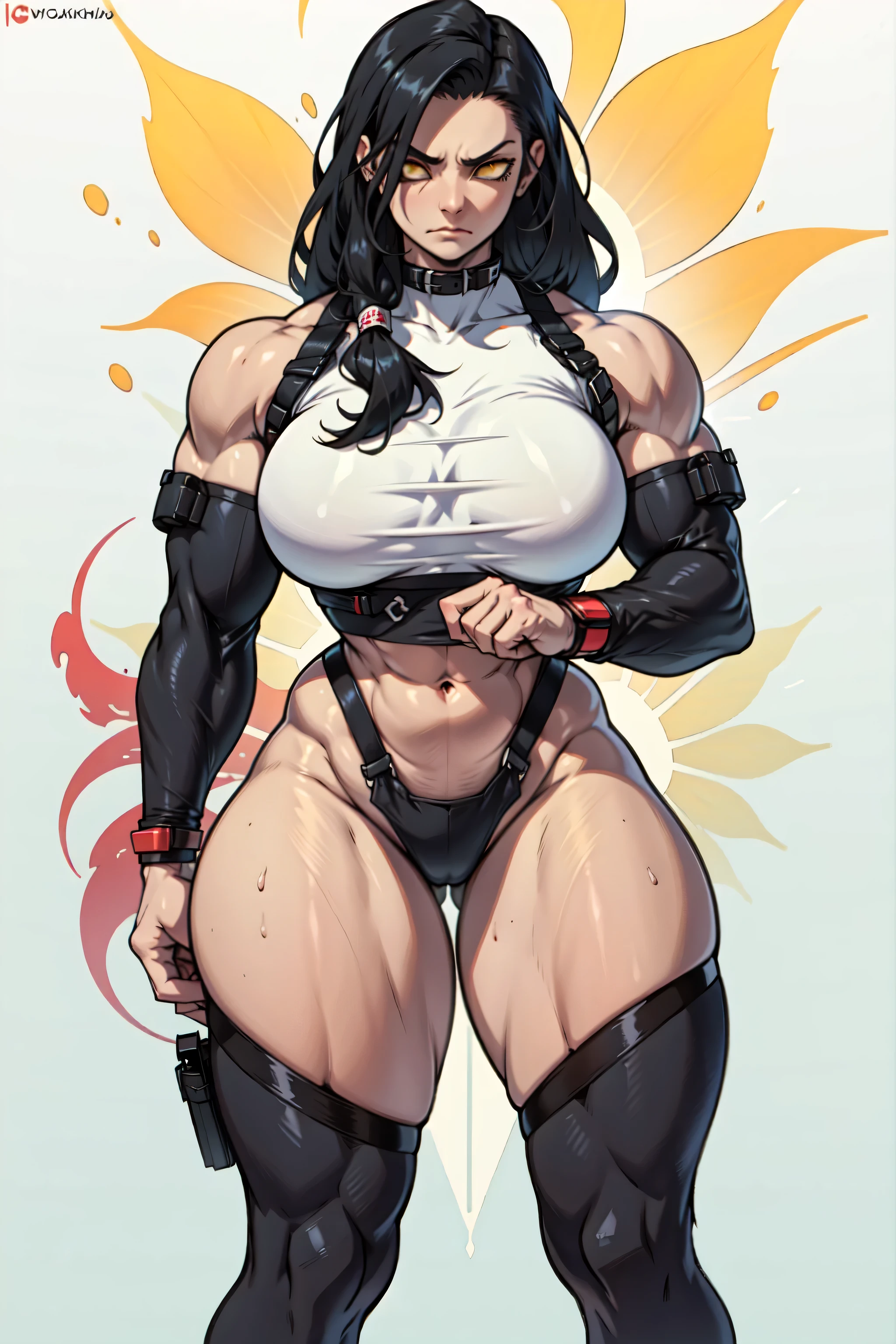 long straight hair pale skin black hair yellow eyes muscular large breasts huge thighs