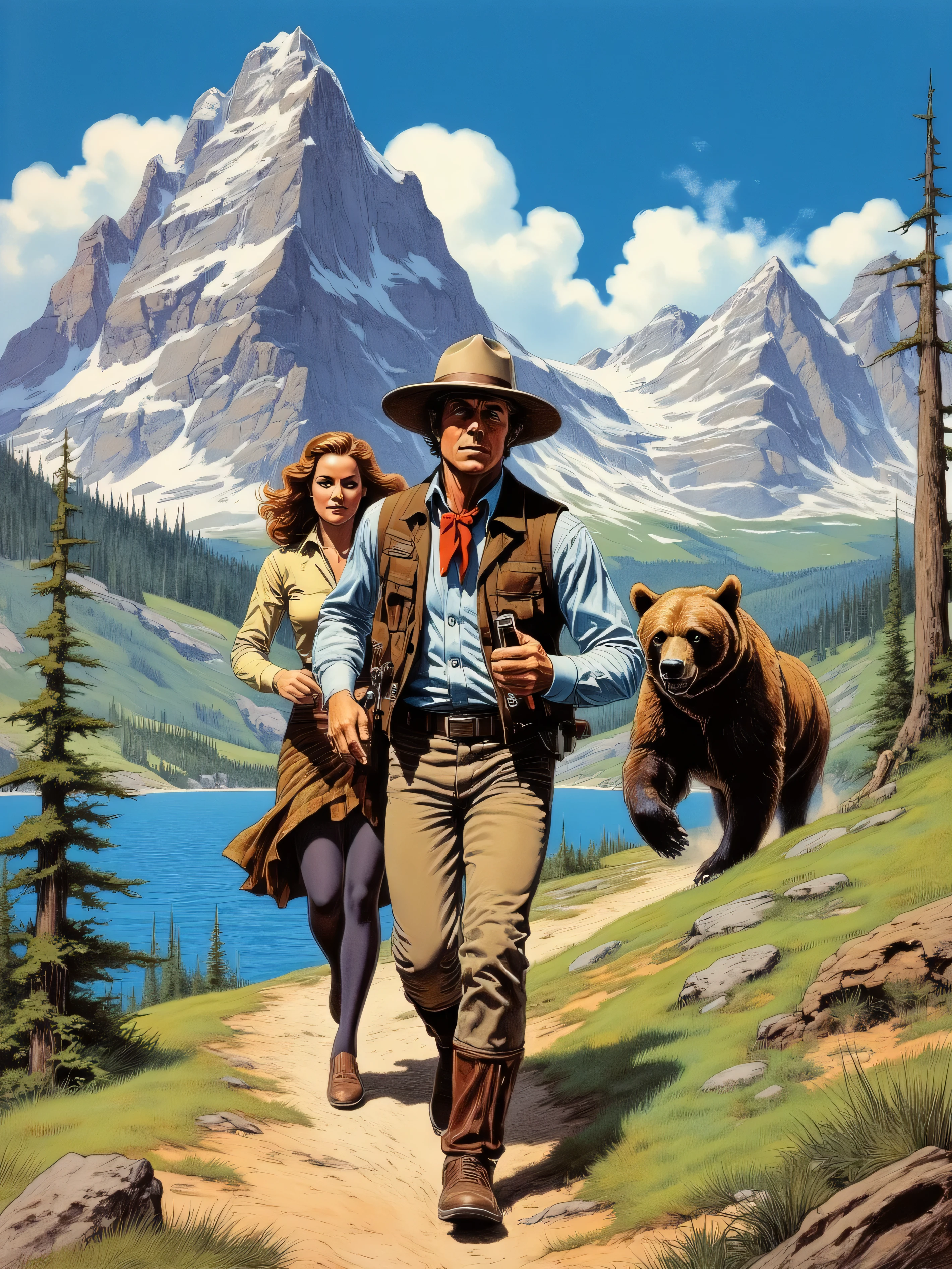 Mountain Ranger with typical American ranger clothes runs with a woman, of his partner in skirt and blouse, through the Rock yMountains, a lake and trees,You are looking at the viewer,A big grizzly bear is chasing her in the background