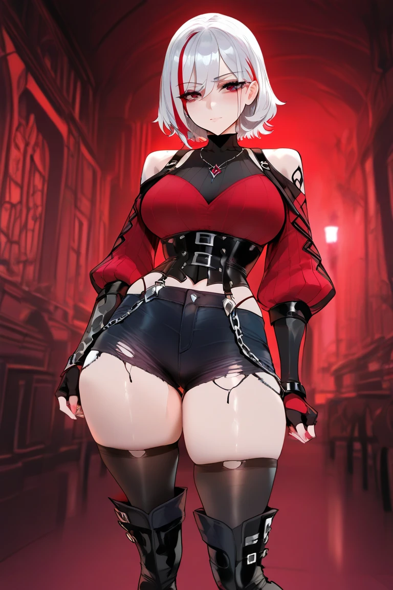 milf bimbo lustful smirking smile red blush red cheeks, chain leash, kneeling, shackles, leather black collar slave, 2 high ponytails