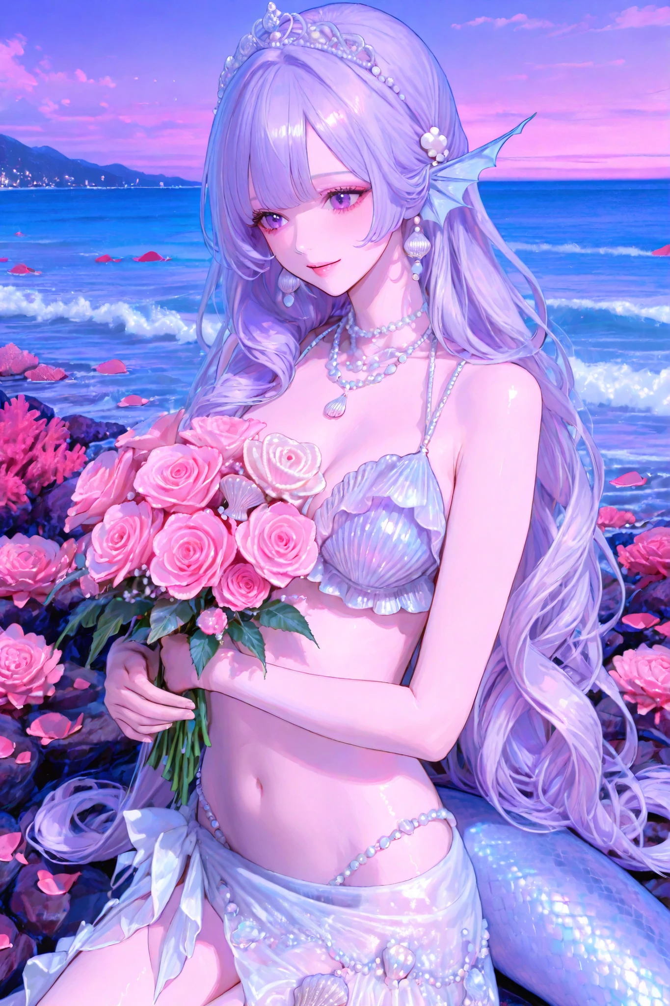 The girl is a mermaid. she has pink skin covered with scales. She has pink ear fins with silver seashell earrings. she has a purple eyes. She has purple kinky hair with pink and blue highlighted ringlets strands , her bangs are curly , her hairstyle is gathered in Marie Antoinette's Pompadour decorated with pearly hairpins. She has a pink mermaid tail with lots of large semi-transparent fins. She wears a pearl seashell bikini and lots of accessories. She wears a white sarong skirt with lots of pearl threads. She wears on her head a mother-of-pearl tiara made from pastel seashells roses. She is a young mother. She's holding a baby in her arms. Her is a fairy. On the background: purple sky, turquoise sea, huge blooming coral decorated with roses. There are pink rose petals on the surface of the water.