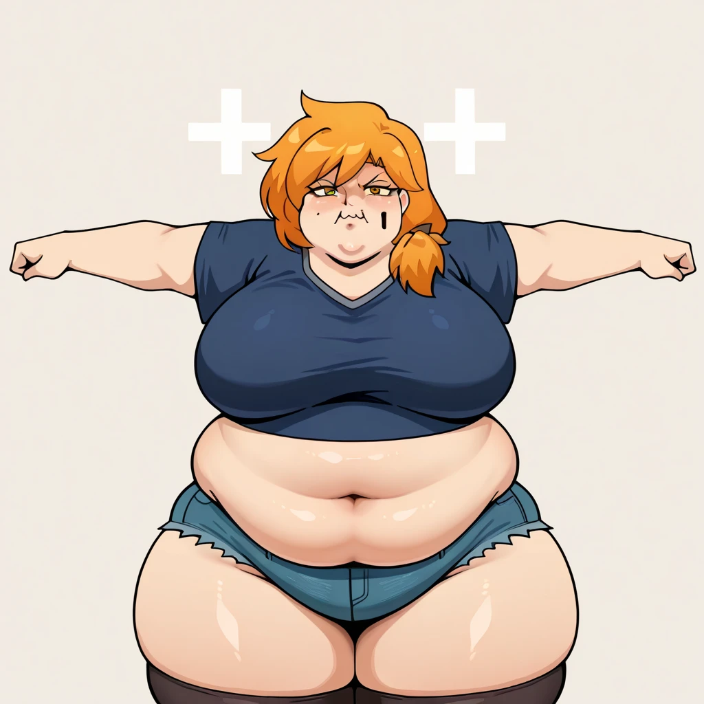 ((Masterpiece)), perfect anatomy, perfect shading, field of depth, (best quality), extremely delicate and beautiful, perfect lighting, detailed face, ultra cute face, cute, ((1girl)), ((solo))
long fluffy orange hair, green eyes, freckles, ((blush)), nervous, looking at viewer, crop top, shorts, cleavage, small breasts, (((thick thighs))), ((wide hips)), chubby,
intricate background, detailed background, fast food restaurant, arms behind back,