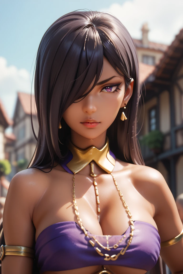 score_9, score_8_up, score_7_up, score_6_up, 1girl, solo, jewelry, rating: safe, brown_eyes, black_hair, lips, makeup, armlet, breasts, egyptian, egyptian_clothes, dark_skin, nose, earrings, gold, lipstick, cleavage, realistic, looking_at_viewer, medium_breasts, piercing, gyaru, blunt_bangs, bangs, bob_cut, long_fangs, (from_above:1.3), downblouse, dark, silk, black_robe, moonlight, temple, night, moon, (naughty_face:1.3), come_hither, seductive_smile