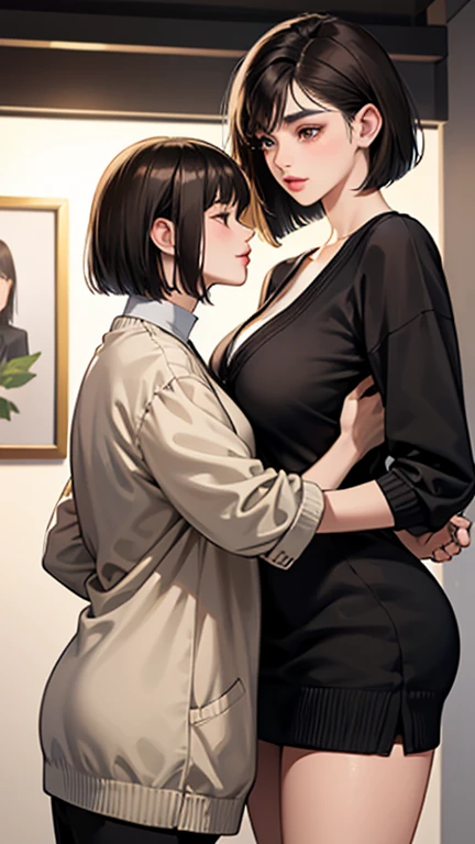realistic, Two Women、胸を揉んでいる、A painting of two women gazing at each other、お尻を向けている、female up、Two women kiss、Women are lined up.、The entanglement of women、The bodies of two women、Both have big breasts、dramatic, sensuous, highly detailed portrait of a beautiful young woman with long reddish brown hair, big blue eyes with long eyelashes, detailed facial features, smooth vibrant anime-style skin texture, perfect busty figure, confident and attractive pose, white panties visible, hotel room night view, soft lighting, romantic and sensuous atmosphere, (best quality, 4K, 8k, highres, masterpiece:1.2), ultra-detailed, (realistic, photorealistic, photo-realistic:1.37), HDR, uhd, studio lighting, ultra-fine painting, sharp focus, physically-based rendering, extreme detail description, professional, vivid colors, bokeh, portraiture, anime