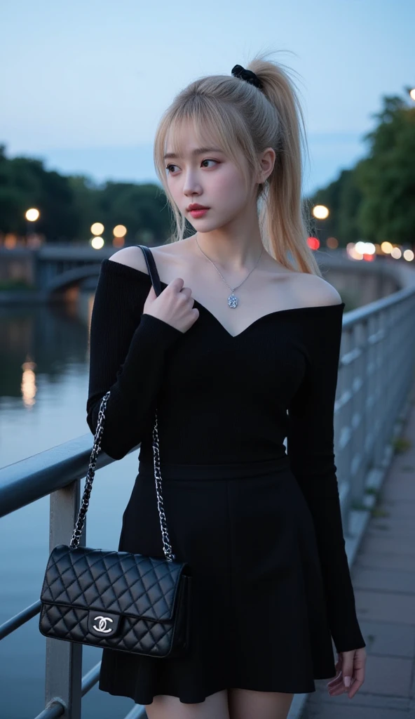 Best quality, masterpiece, ultra high res, (photorealistic), raw photo,1girl, skinny, upper body,solo, realistic, looking at viewer, long hair, bokeh background, city streets,brown eyes, black gothic sleveless dress, necklace, blonde hair, (nsfw:1.4)