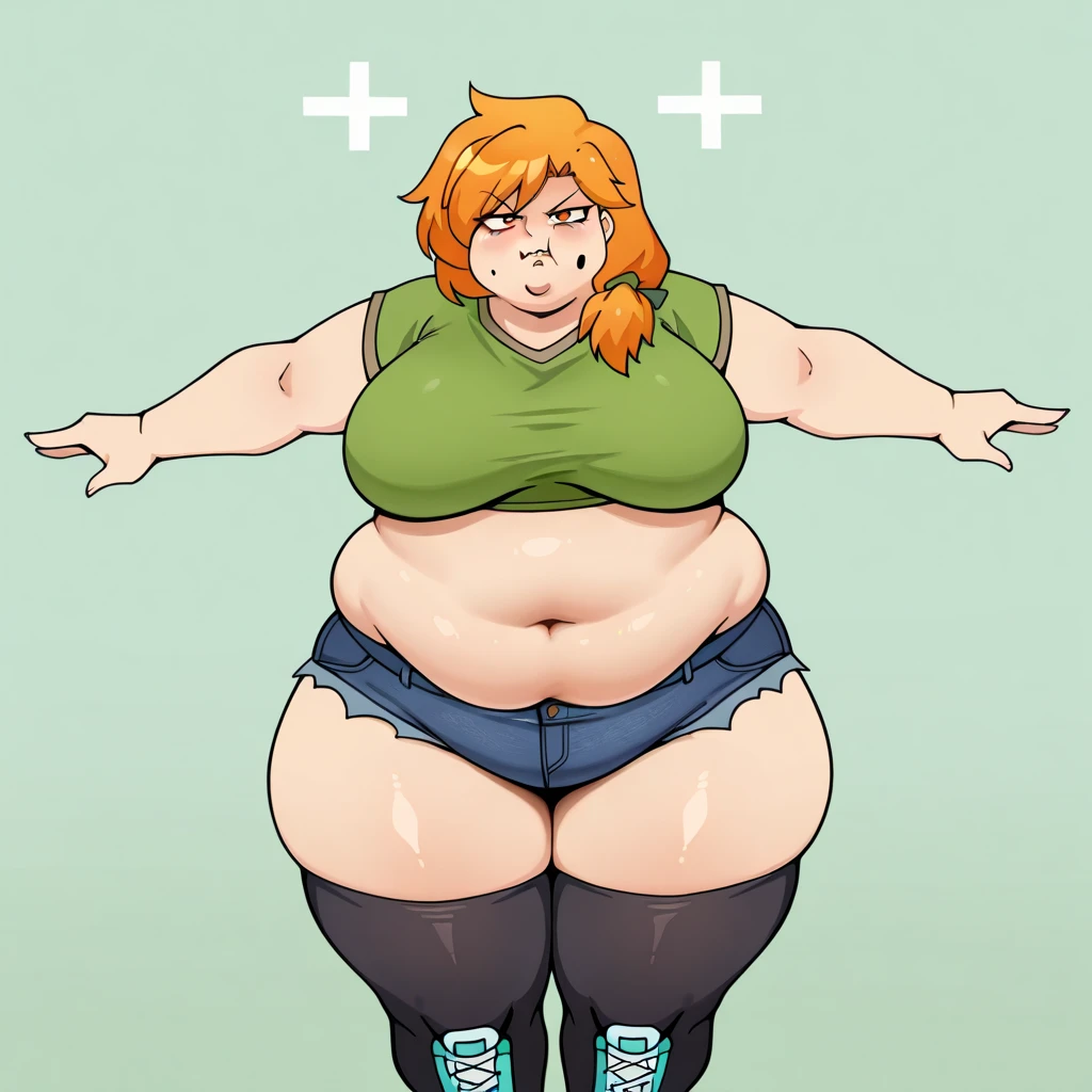 high quality, Pixel, 32 Bits, detailed eyes, 1 solo girl, obese erufuda, short hair, pointy ears, obese elf, blonde hair, (green eyes:1.5), white t-shirt, green pants, braid, big breasts, thick thighs, barefoot, ((Perfect body)), smile, big belly, very cute, 4K, PixelArt