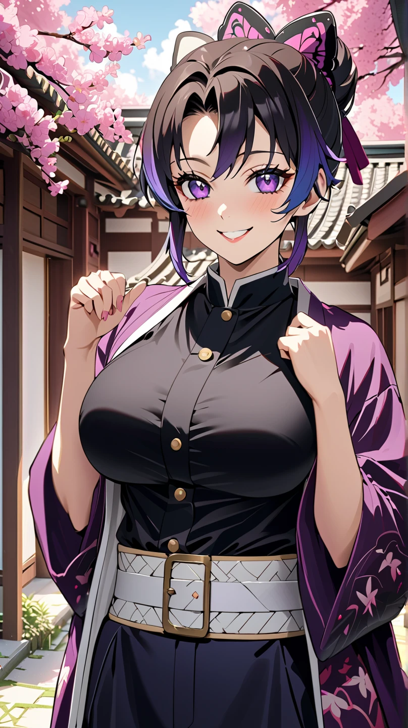 EFT_Shinobu, 1girl, demon slayer uniform, kochou shinobu, butterfly hair ornament, solo, hair ornament, purple hair, multicolored hair, black hair, smile, haori, japanese clothes, gradient hair, , short hair, jacket, bangs, parted bangs, black jacket, , room, indoors, blush, looking down, closed eyes, navel, belly, hands on own belly, lift t-shirt
