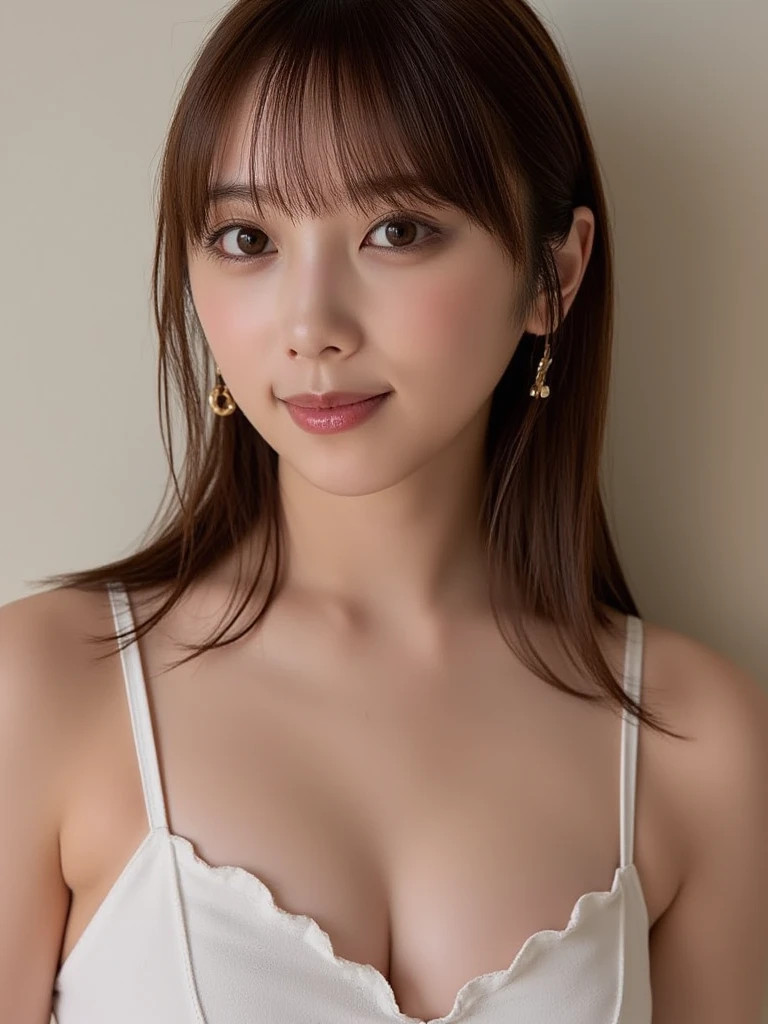 (8k, RAW photo, best quality, masterpiece:1.2), yjnn, 1girl, 3d, asian, bangs, bare_shoulders, bow, bra, breasts, brown_eyes, brown_hair, cleavage, grey_background, lips, long_hair, long_sleeves, looking_at_viewer, medium_breasts, navel, nose, off_shoulder, open_clothes, open_shirt, panties, realistic, shirt, solo, stomach, underwear, undressing, upper_body, white_bra, white_panties, white_shirt,Shiny skin, beautiful delicate face, beautiful delicate eyes ,(realistic, photo realistic:1),Lie down on the bed