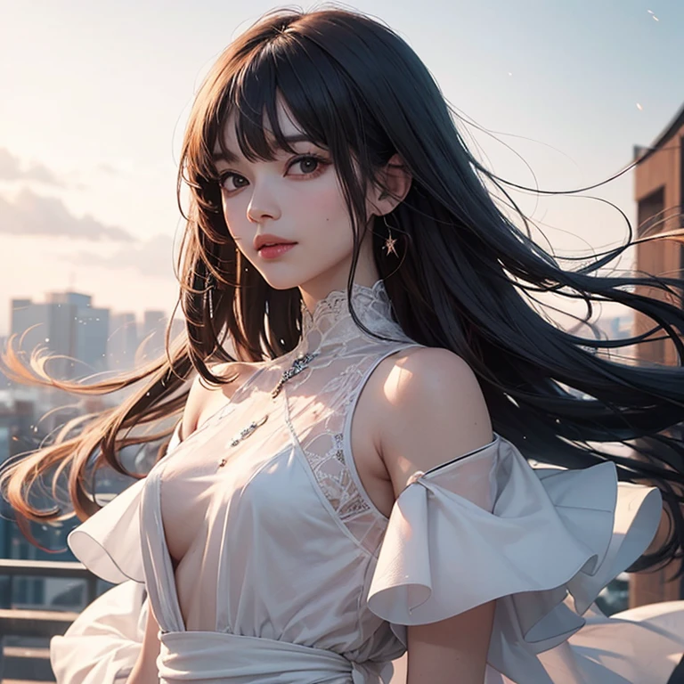 （（best qualtiy，8K，tmasterpiece：1.3））， 1girll， Charming， full bodyesbian， Slim Faces， Beautiful woman， （black long curly hair）， White floral dress ：1.1， Super detailed face， Detailed eyes， full， blur backgroun， the street， --auto
