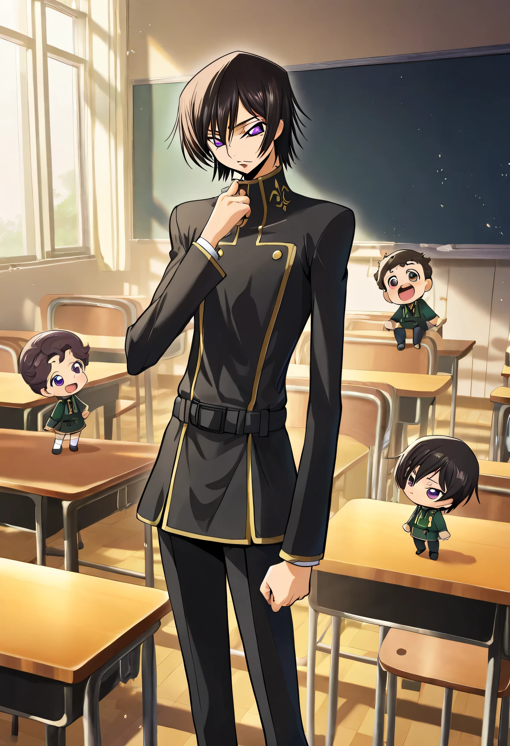 Best Picture Quality,super definition,8k, Extremely Aesthetic, high resolution, Perfect Details,detailed,deep color,rich color,dark colors,amazingly elaborate, detailed face,非常にhigh resolution , high resolution , 8k , Unity 8K壁紙 , 美しい顔立ちとeye, detailed background , Clear quality, Rich Contrast,OFFICIAL ART, solo,Newest,academy,ashford academy school,classroom,nsfw,1boy,{anime color, (anime style:1.2),Lelouch_Lamperouge, \(code_Geass \),Kimura_Takahiro \(style\), black hair, PURPLE EYES,ashford academy school uniform, half-open_eye, bullish expression ,Between the eyebrows,smaller male,(smaller human:1.1),(children:1.1),(chibi:1.1),(child:1.3),standing,