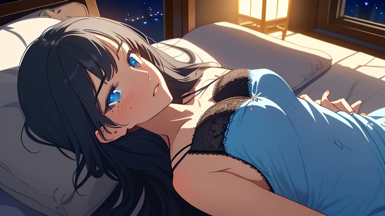 15-year-old girl, ((Schoolgirl in uniform、Button unbuttoned))、(Black Hair,Inner color hairstyle), Beautiful Hair, Facial Contour, Remember, ,Hotel, splash, Lens flare,, Natural Color, High resolution, Very delicate, Very detailed, 8k,Lying in bed、(My breasts are just a little swollen,About B cup)、Shyness,((Sexual)),((Sexy feeling))