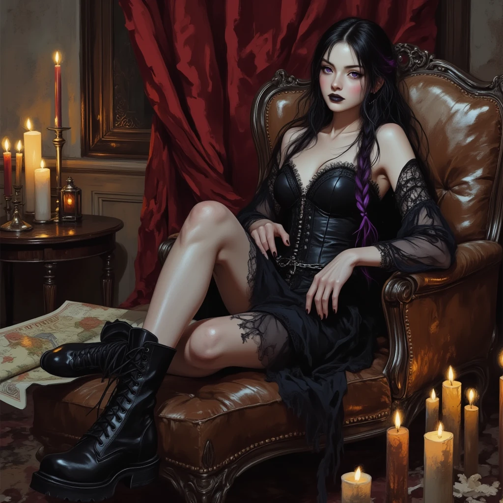 Beautiful Canadian goth woman, very thin toned body, many tattoos, pagan, long black hair, wearing black spike collar, glowing red eyes, wearing black corset, in hell, sitting on throne