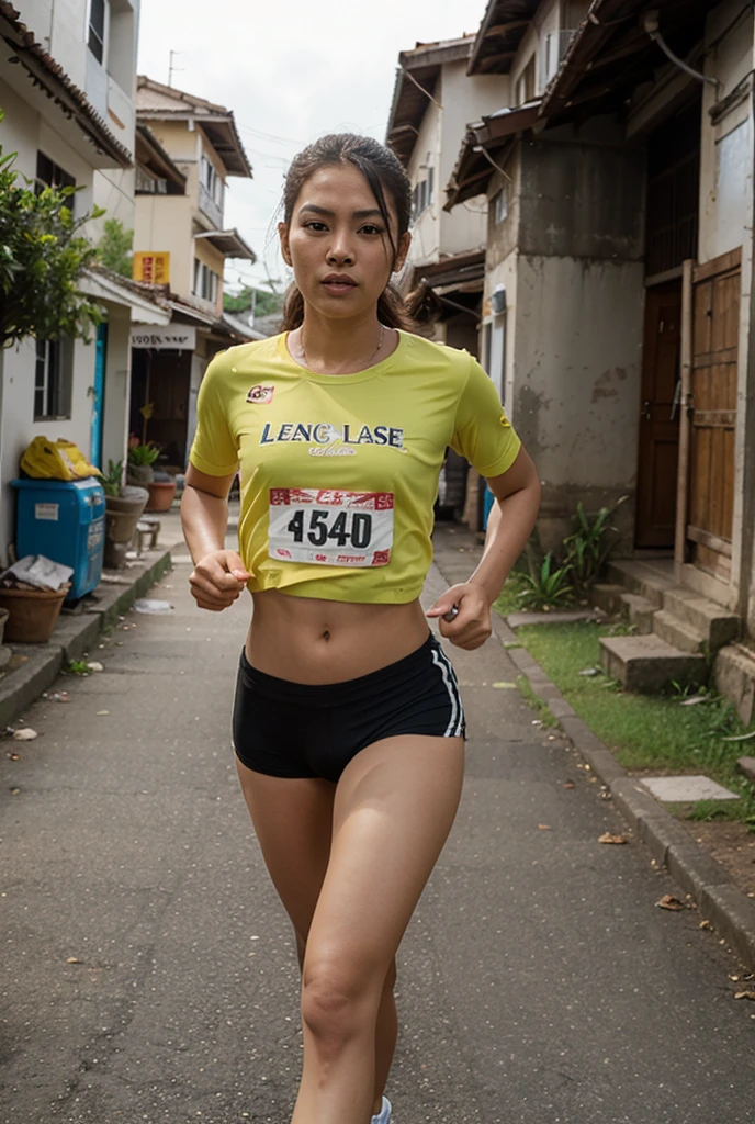 luna maya, Indonesian artist, running in a marathon race, wearing a singlet t-shirt, sports shorts, sneakers, drenched in sweat on her face and body,