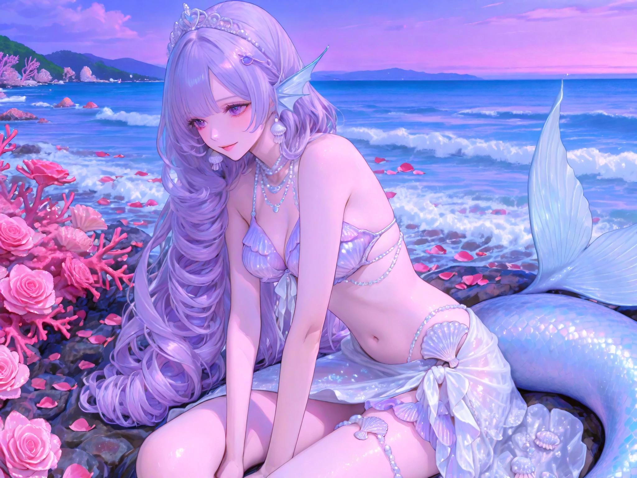 (masterpiece), (best quality), (ultra-detailed), 1girl, flower, solo, animal ears, hair ornament, hair flower, rainbow flower, blush, long hair, multicolored hair, cleavage, heterochromia, bangs, full body, bare shoulders, animal ear fluff, rainbow hair, open mouth, smile, yellow eyes, looking at viewer, odd-eyes, petals, cat ears, ribbon, rainbow ribbon, rainbow hair, off shoulder, rainbow bow, two-tone hair, choker, gradient hair, outdoors, hair ribbon, BREAK (profile:1.1), (dynamic_angle:1.2), (bust:1.2), (full_shot:1.2), (cowboy_shot:1.1), (fantasy:1.2), (dynamic angle:1.3), (masterpiece:1.3), (best quality:1.3), (ultra-detailed:1.3), (skin:1.5), (realistic:1.5), (highres:1.5), (absurdres:1.5), (incredibly absurdres:1.5), (photo_(medium):0.8), (huge filesize:0.8), (Volumetric Lighting:0.8), (light leaks:0.8), (transparent_background:0.9), highly detailed, illustration, disheveled hair, detailed eyes, perfect composition, moist skin, intricate details, earrings, beach, sitting at water's edge, waves splashing, full body, beautifully captured, tropical background, Victorian-era dress