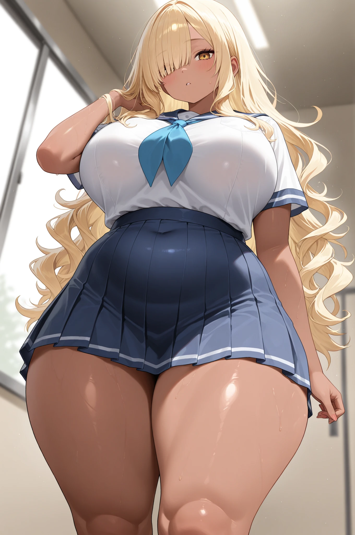 One Girl,{Knee-high socks}、(((Wide Hips)))、 (((Thick thighs)))、((Big Ass))、(Big Breasts) Embarrassed look,shortstack、whole body、Sexy pose,????? Apron、Super long hair、White ?????、highest quality、masterpiece、No. 3